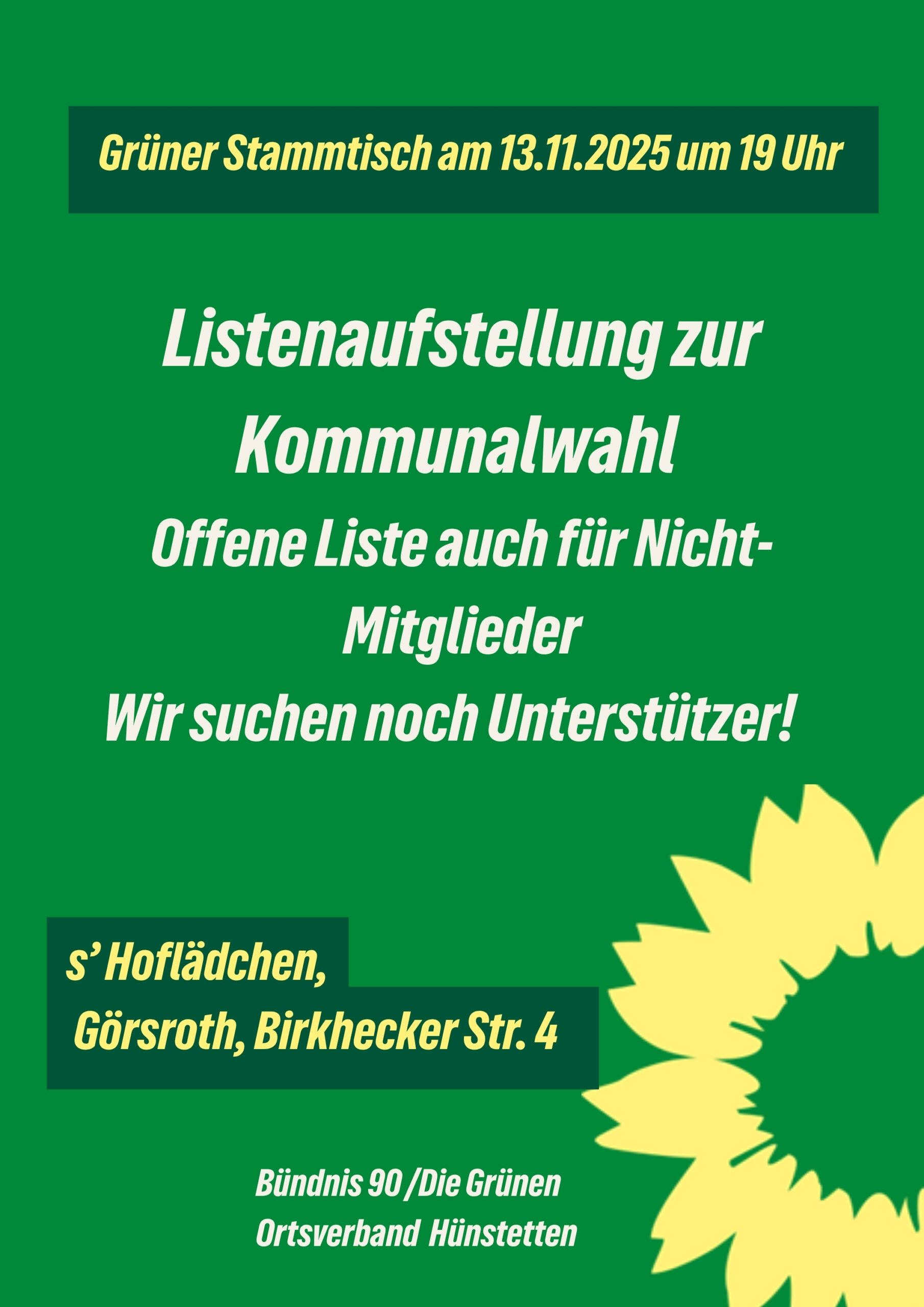 Einladung zum Grünen Stammtisch und zur Mitgliederversammlung mit Aufstellung der Liste für die Kommunalwahl 2026